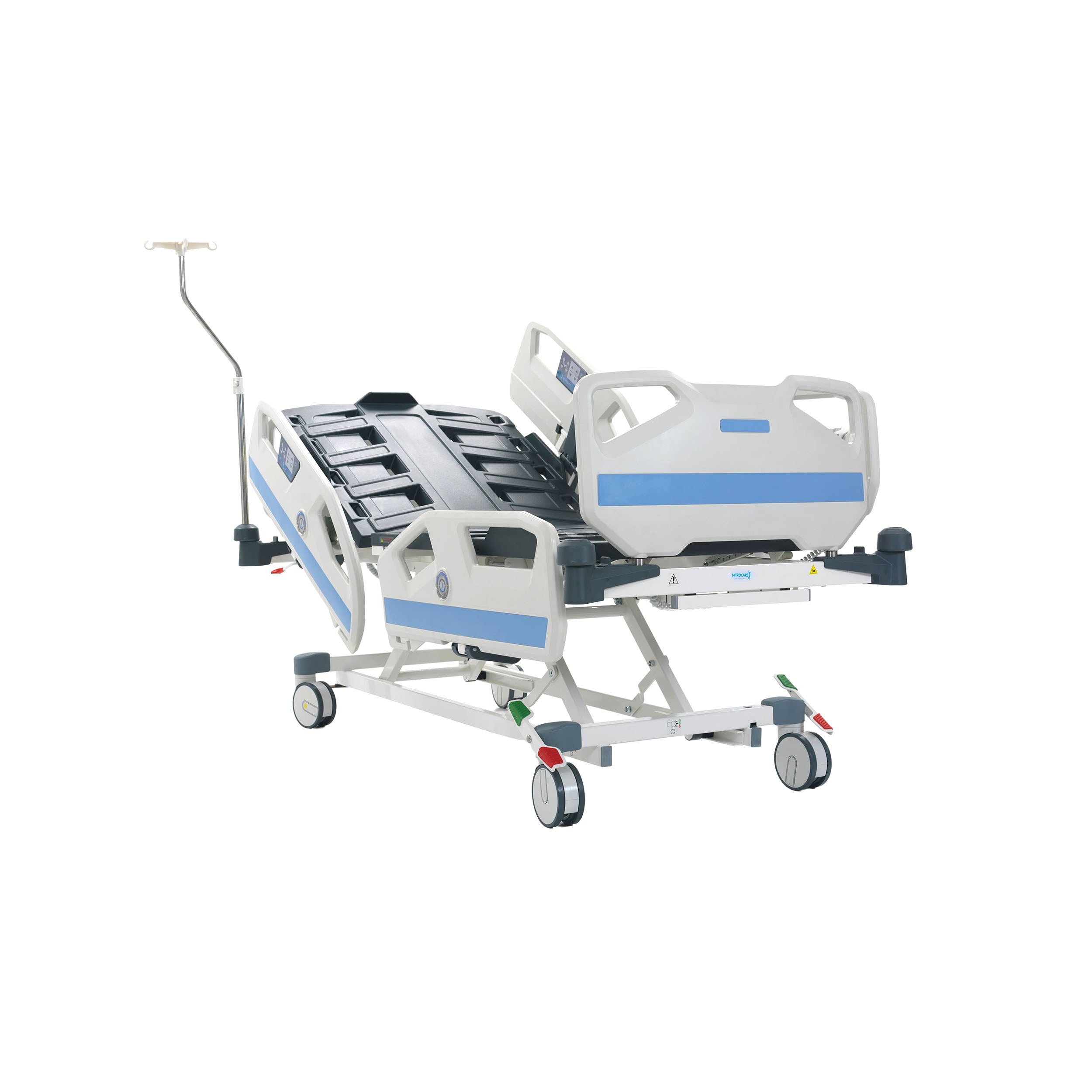 A full electric ICU critical care low bed with multiple adjustment capabilities, equipped with LINAK motors, and safety castors.
