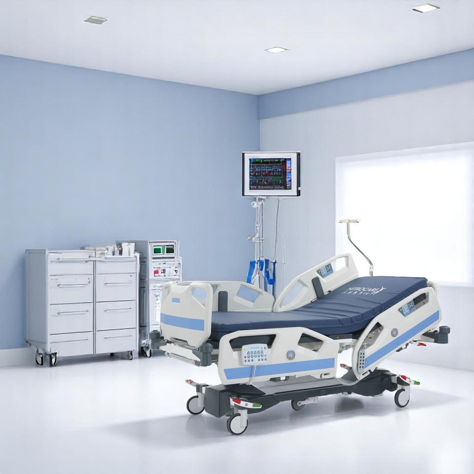 Nitrocare SANTE 8000T ICU bed showing motorized lateral tilt for pulmonary therapy