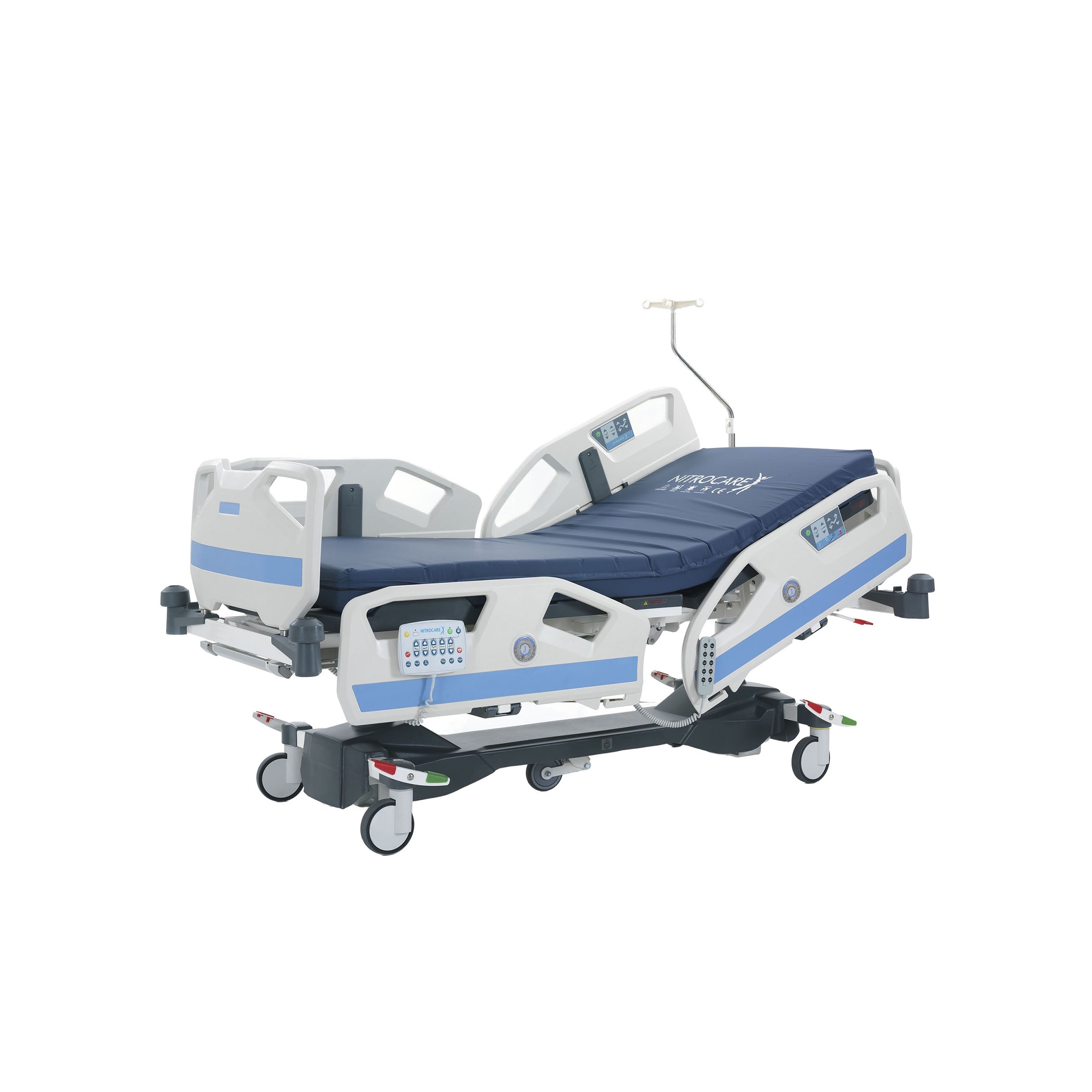 A SANTE 8000T ICU Critical Care Bed with blue and white color scheme, featuring multiple adjustment motors, side rails, and a frame on wheels.