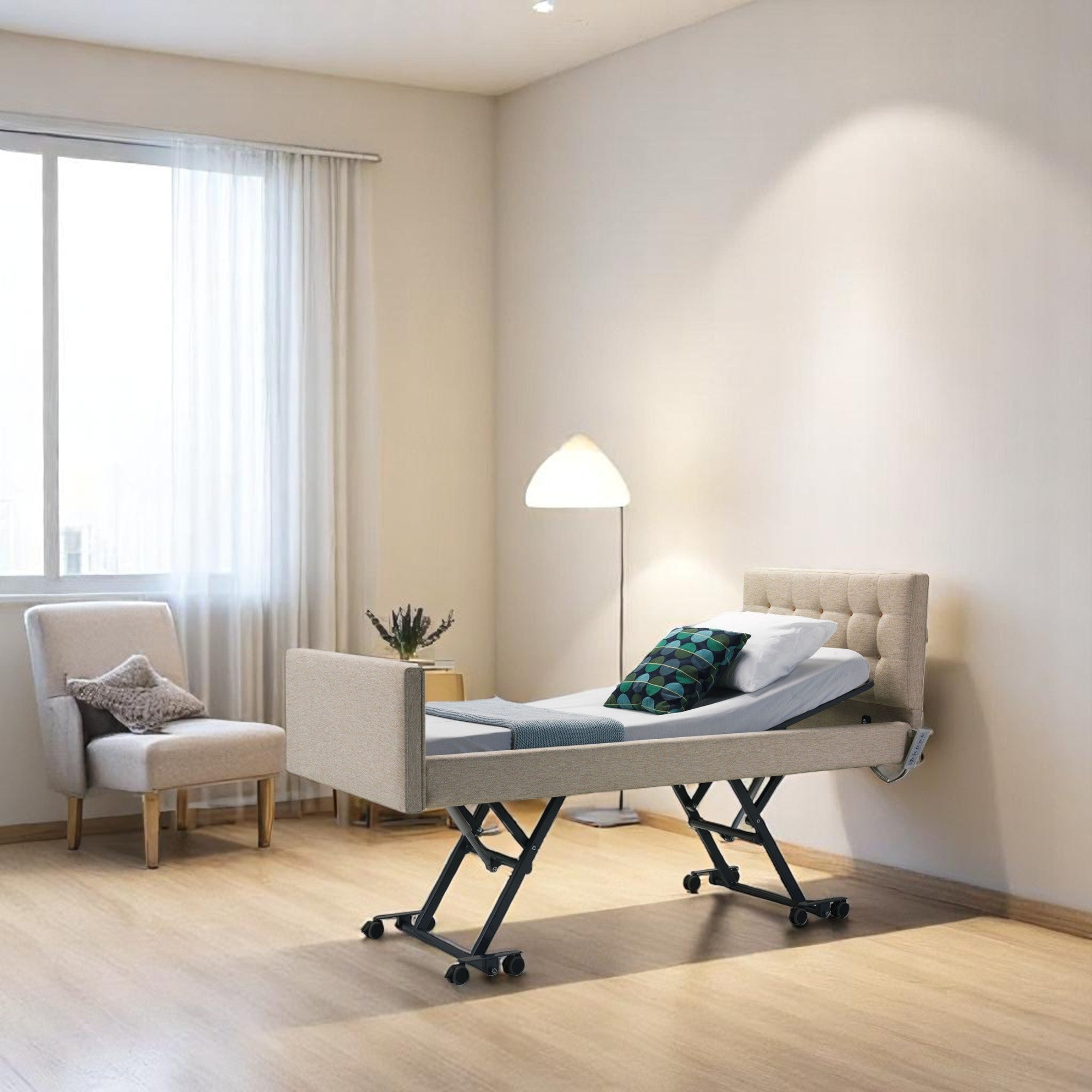 Close-up of Nitrocare 7410 Miranda wooden headboard and premium aesthetic finish.