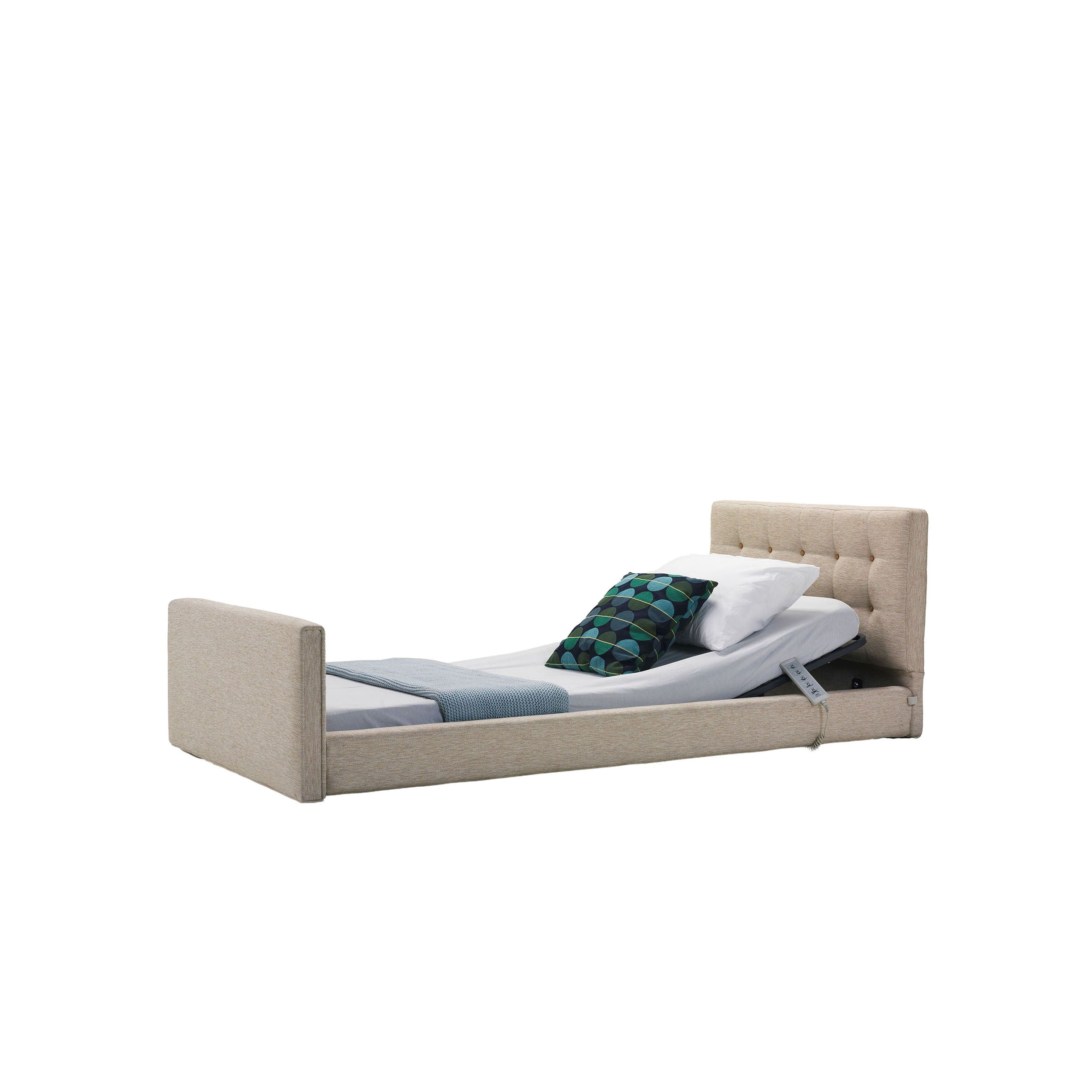 Nitrocare 7410C Miranda Comfort home care bed in ultra-low safety position.