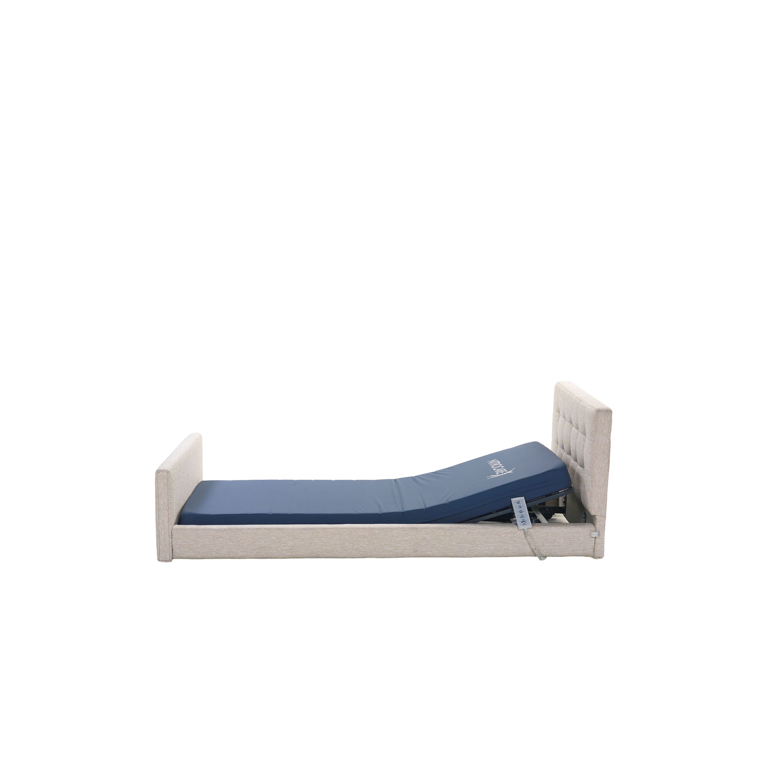 Nitrocare 7410 Miranda hospital bed showing 70-degree backrest elevation for patient comfort.