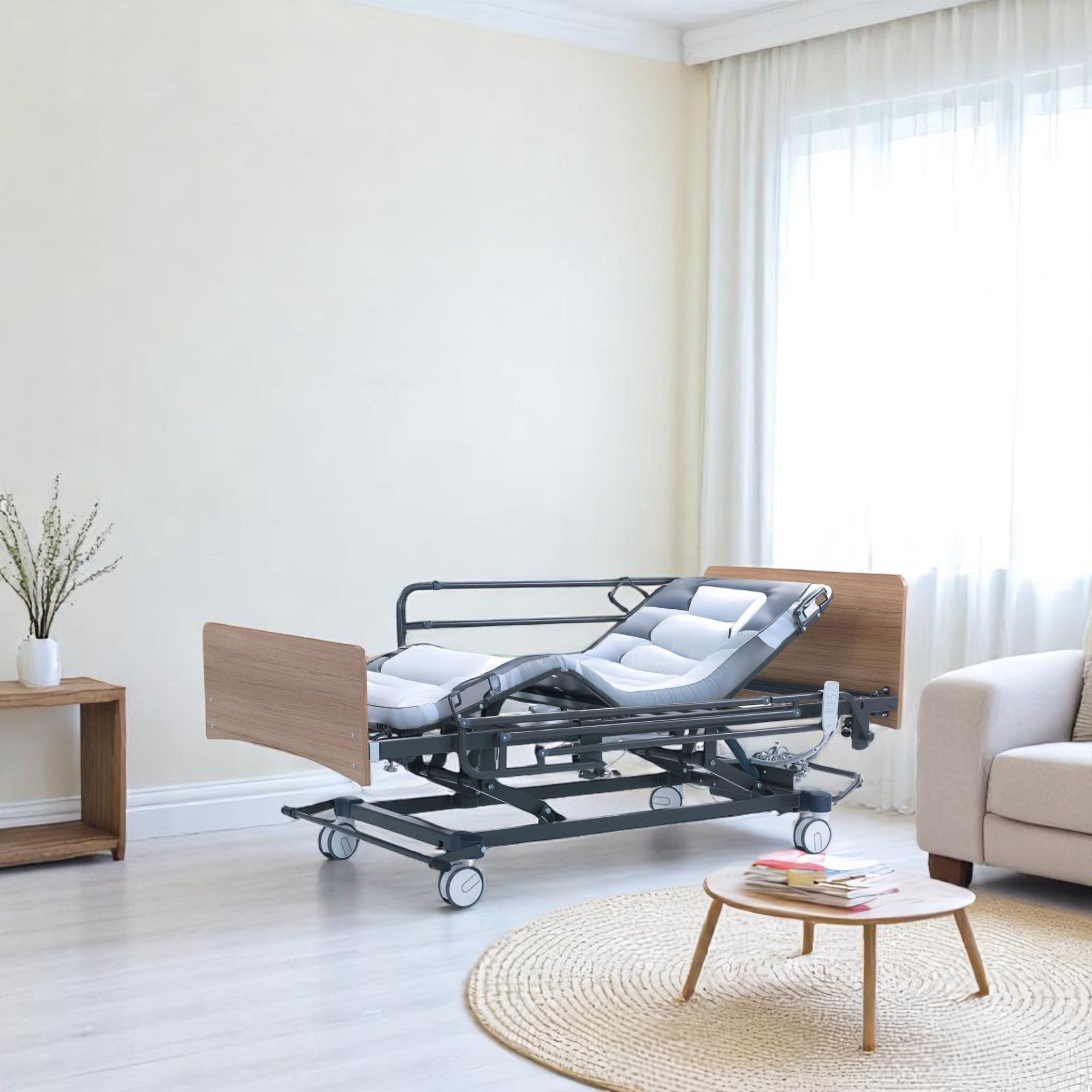 Nitrocare Oasis 7250 highlighting wood-grain headboards for Non-Institutional Homecare Aesthetics.