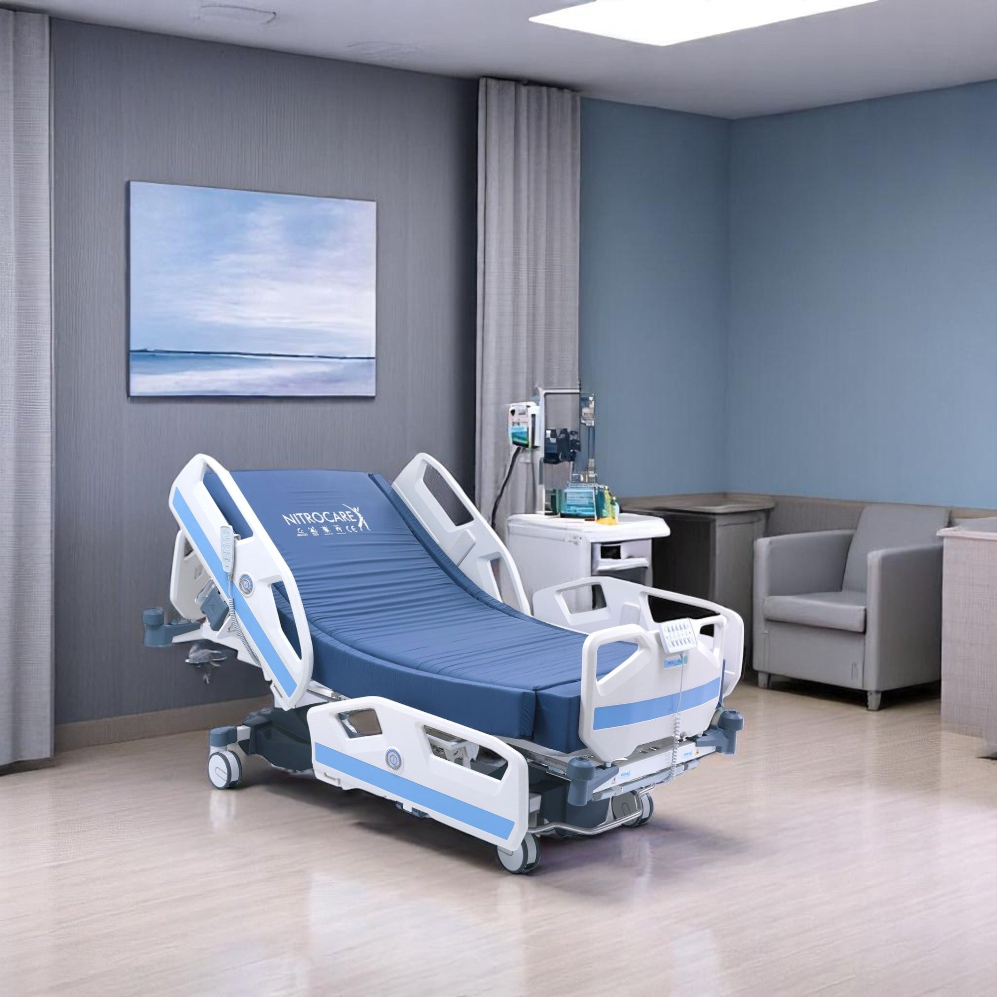 Nitrocare SANTE 8000B bariatric bed showing high-capacity frame for 771 lb weight support