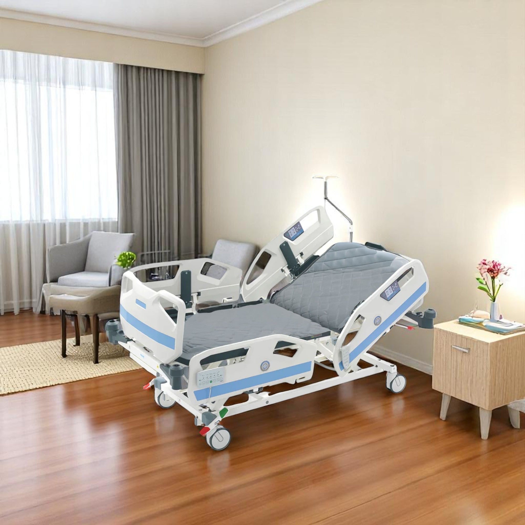 Nitrocare SANTE 8140 ultra-low ICU bed positioned at its lowest height for fall prevention.